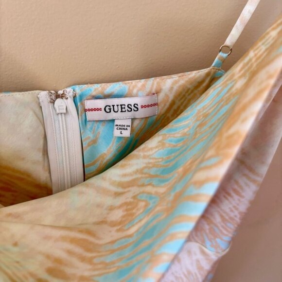 Guess| Pretty Satin Tidal Wave Tie Dye Beige and Blue Cocktail Mini Dress Sz L - Picture 4 of 8